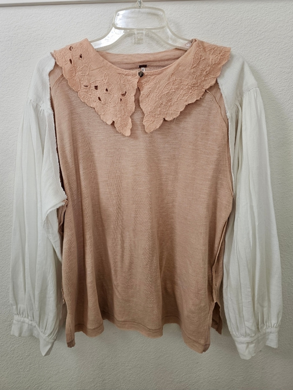 Free People NWT "I'm The One" Mixed Media Top XS Blush Pink Lace Collar​